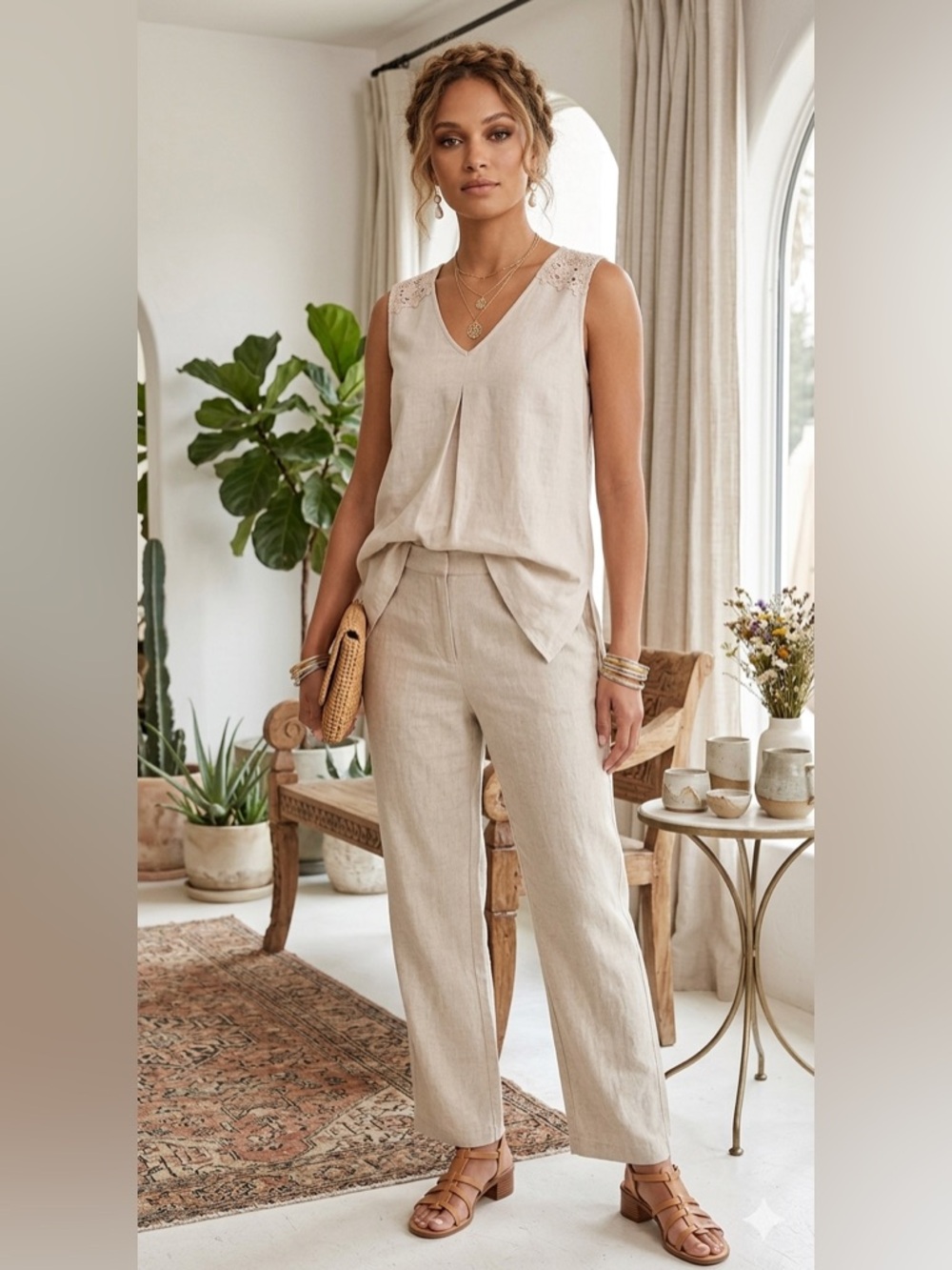 Counterparts linen viscose Cream Lace-Shoulder V-Neck Tunic Top XL boho beach